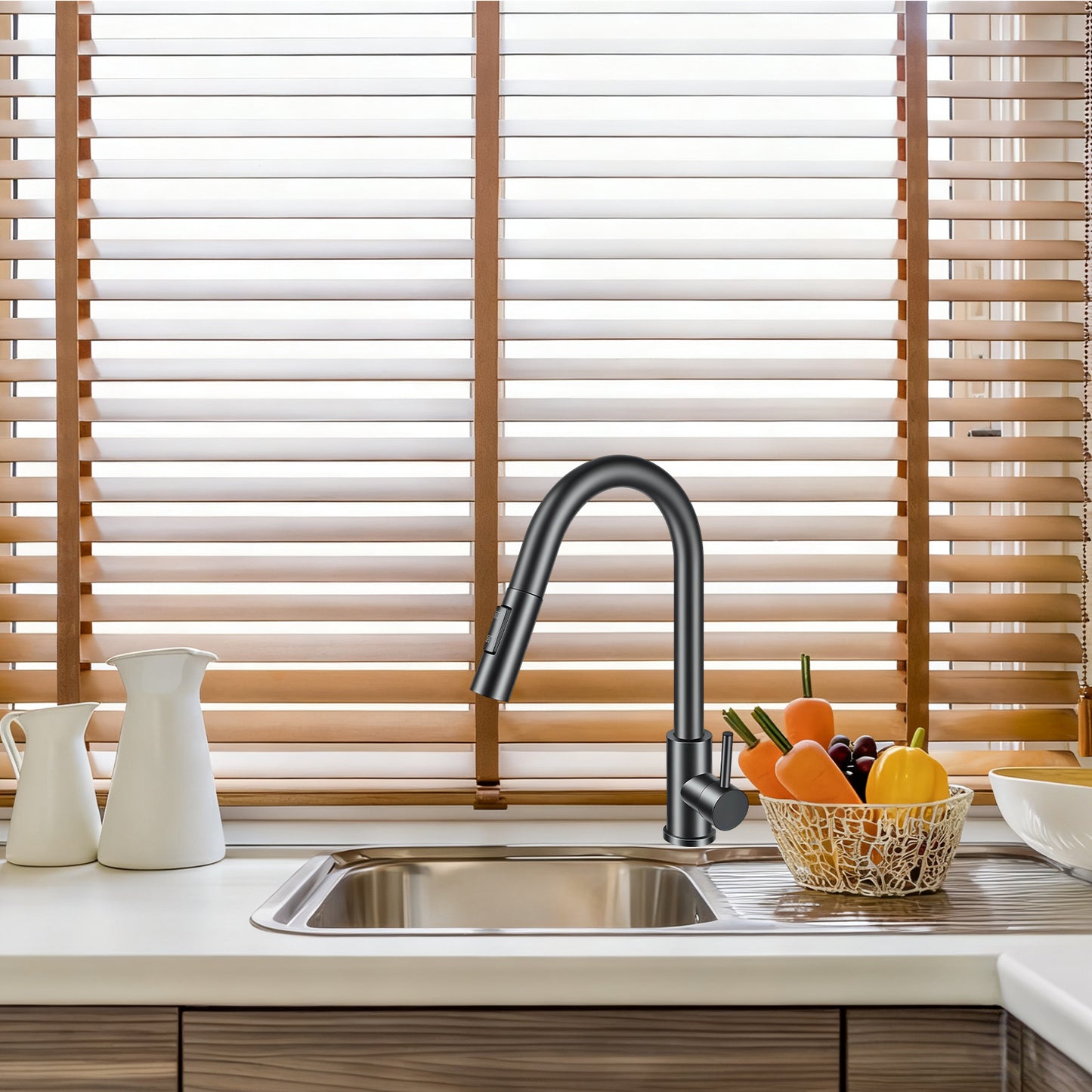 Modern kitchen sink with faucet and wooden blinds in the background