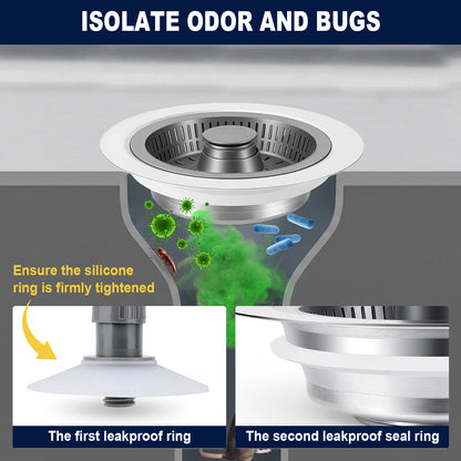 A product infographic for a drain stopper showing a white and silver metal drain assembly with green odor and bug graphics. The image includes text reading 'ISOLATE ODOR AND BUGS,' 'Ensure the silicone ring is firmly tightened,' 'The first leakproof ring,' and 'The second leakproof seal ring,' with two inset close-up panels at the bottom.