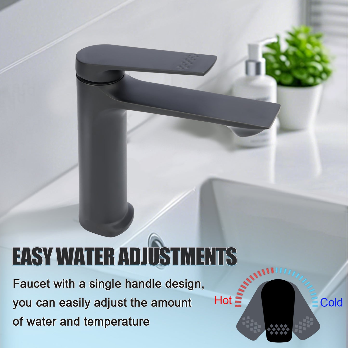 Black faucet with single handle design in a bathroom setting