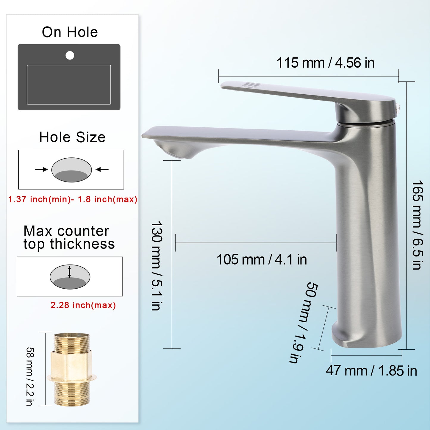 Stainless steel faucet with dimensions and installation instructions on a white background
