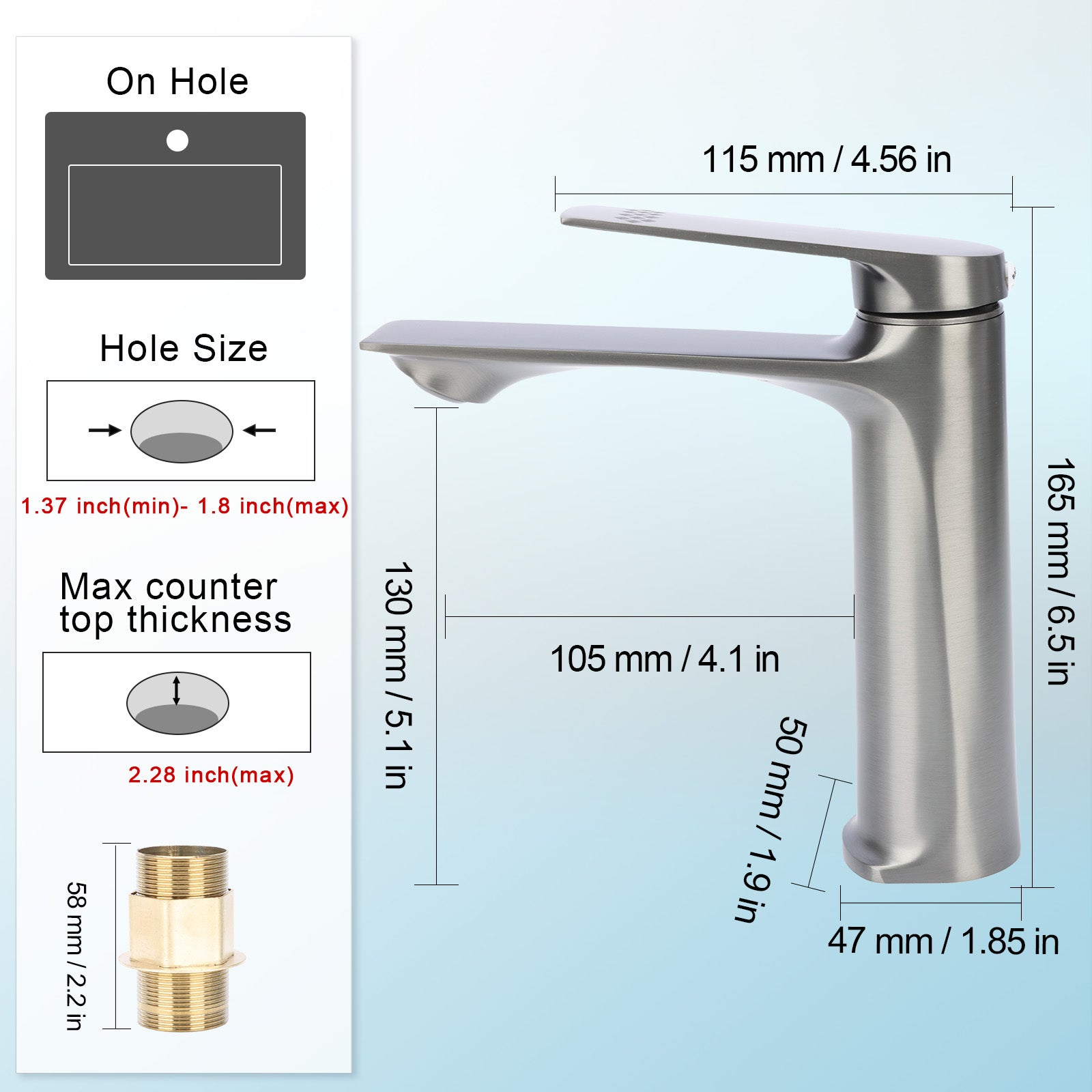 Stainless steel faucet with dimensions and installation instructions on a white background
