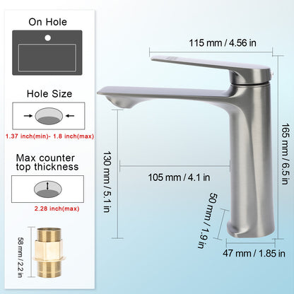 Stainless steel faucet with dimensions and installation instructions on a white background
