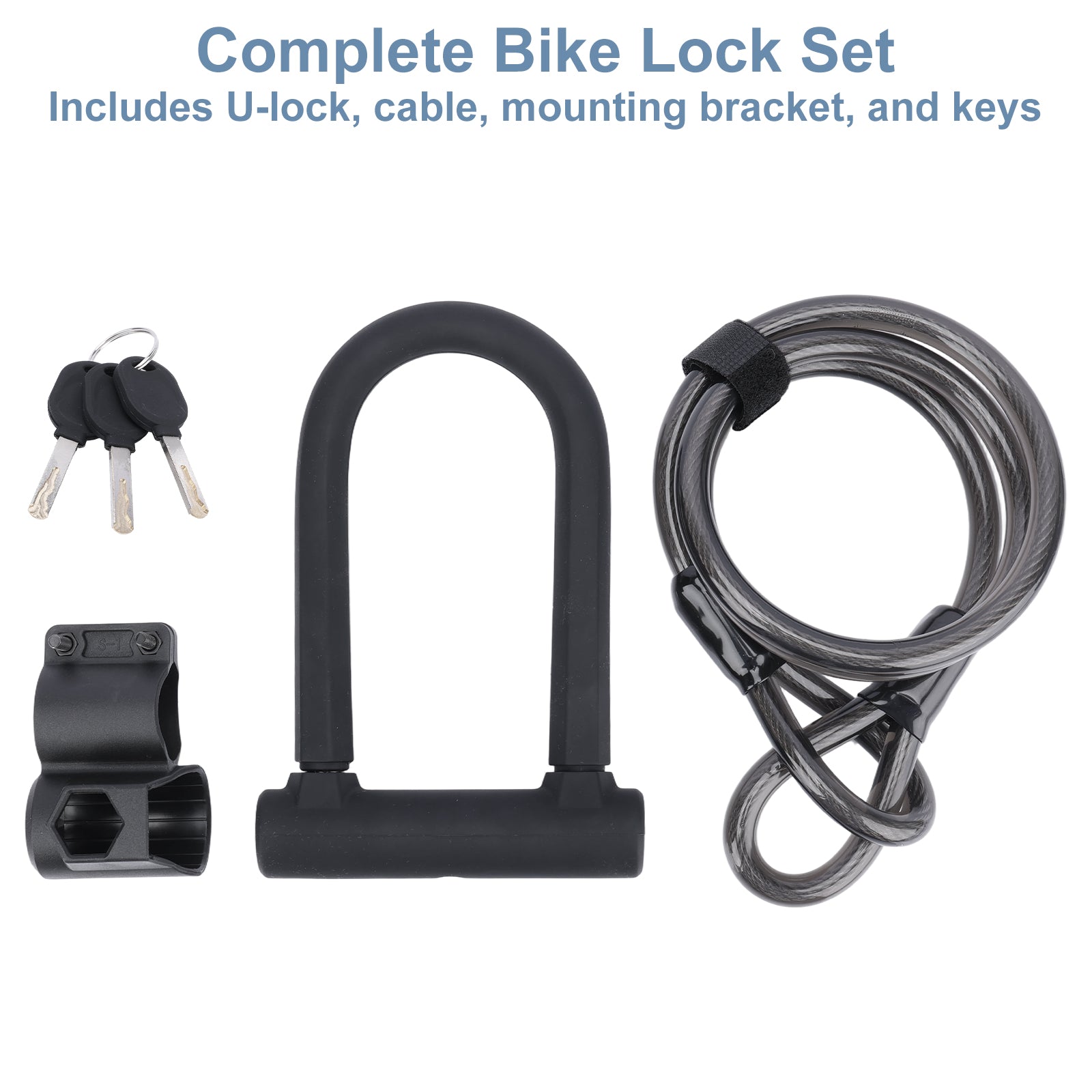 Complete bike lock set with U-lock, cable, mounting bracket, and keys on a white background.