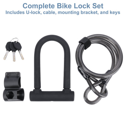 Complete bike lock set with U-lock, cable, mounting bracket, and keys on a white background.
