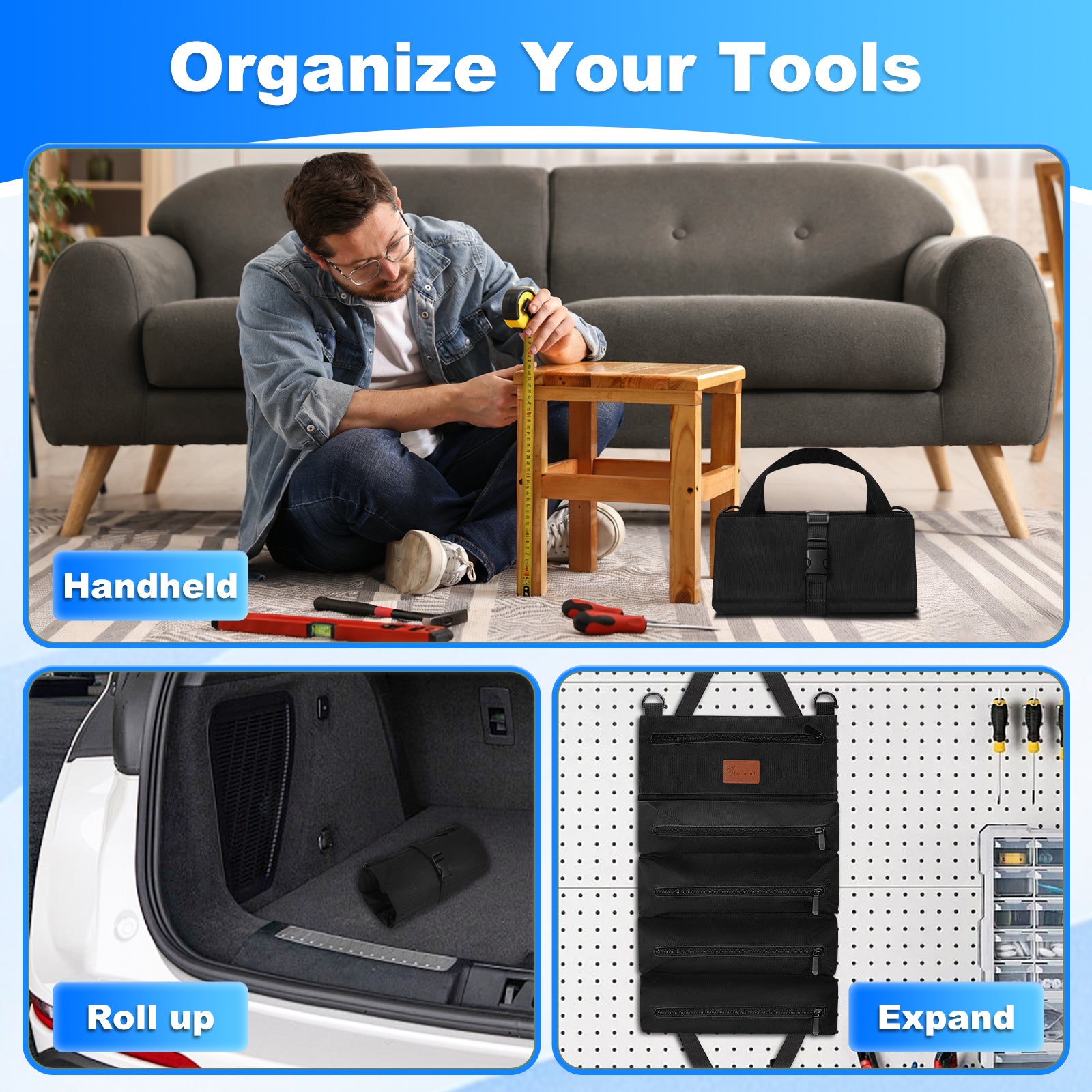 Man measuring a table with tools, showing handheld, roll-up, and expandable tool storage solutions.