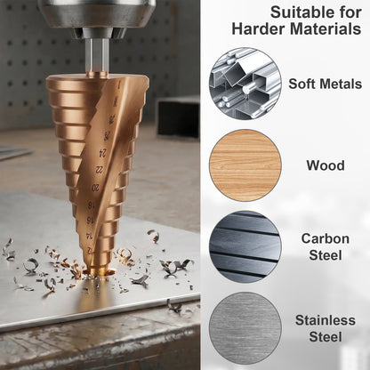 A copper-colored step drill bit with depth markings is shown drilling into a metal sheet with shavings, under a drill press. The right side includes a text panel reading 'Suitable for Harder Materials' with circular insets showing soft metals, wood, carbon steel, and stainless steel.