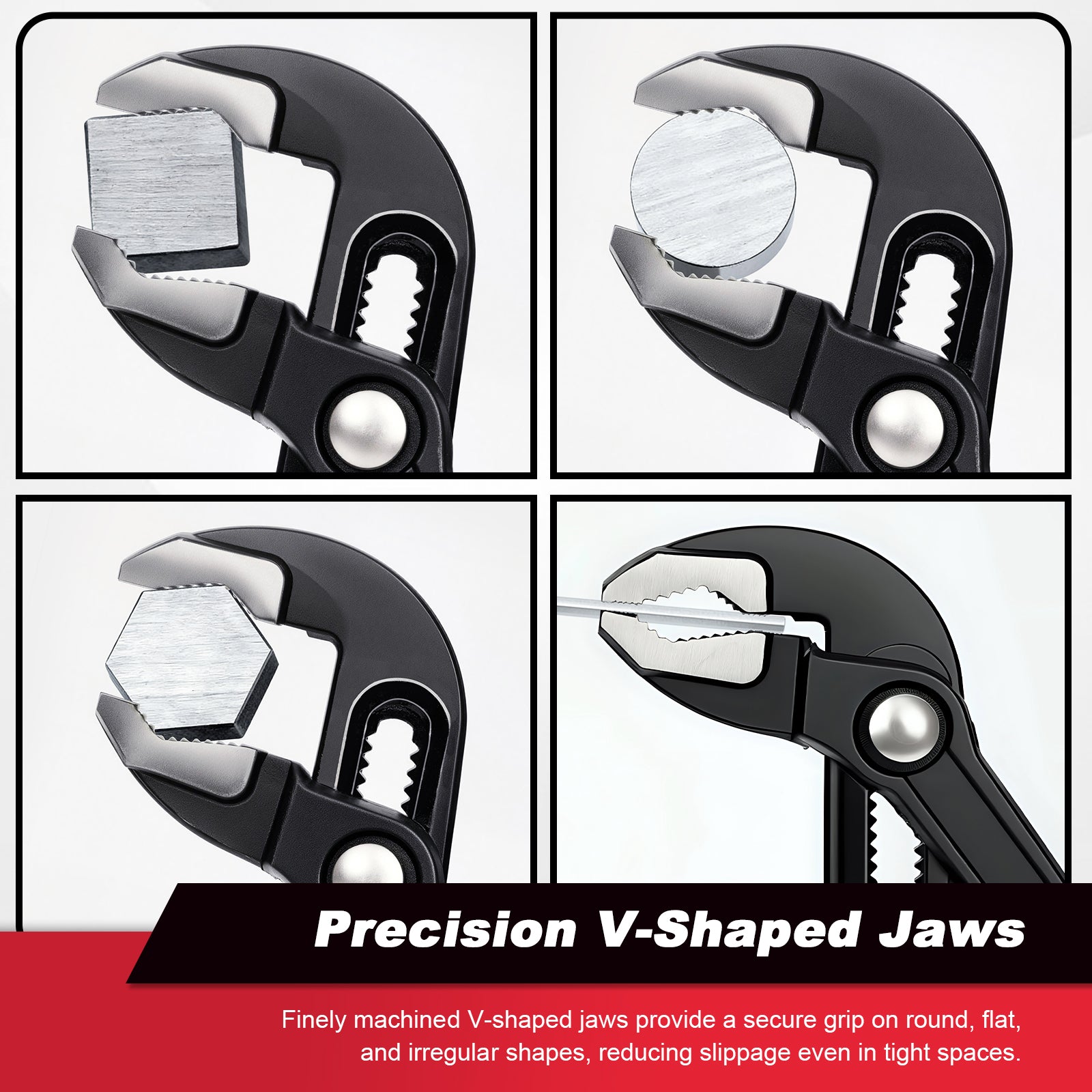 Black adjustable wrench with precision V-shaped jaws in various positions on a white background.