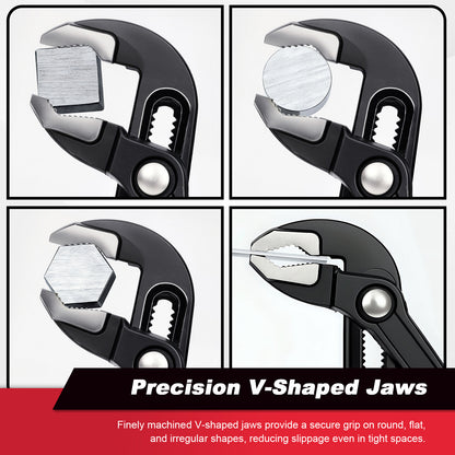 Black adjustable wrench with precision V-shaped jaws in various positions on a white background.