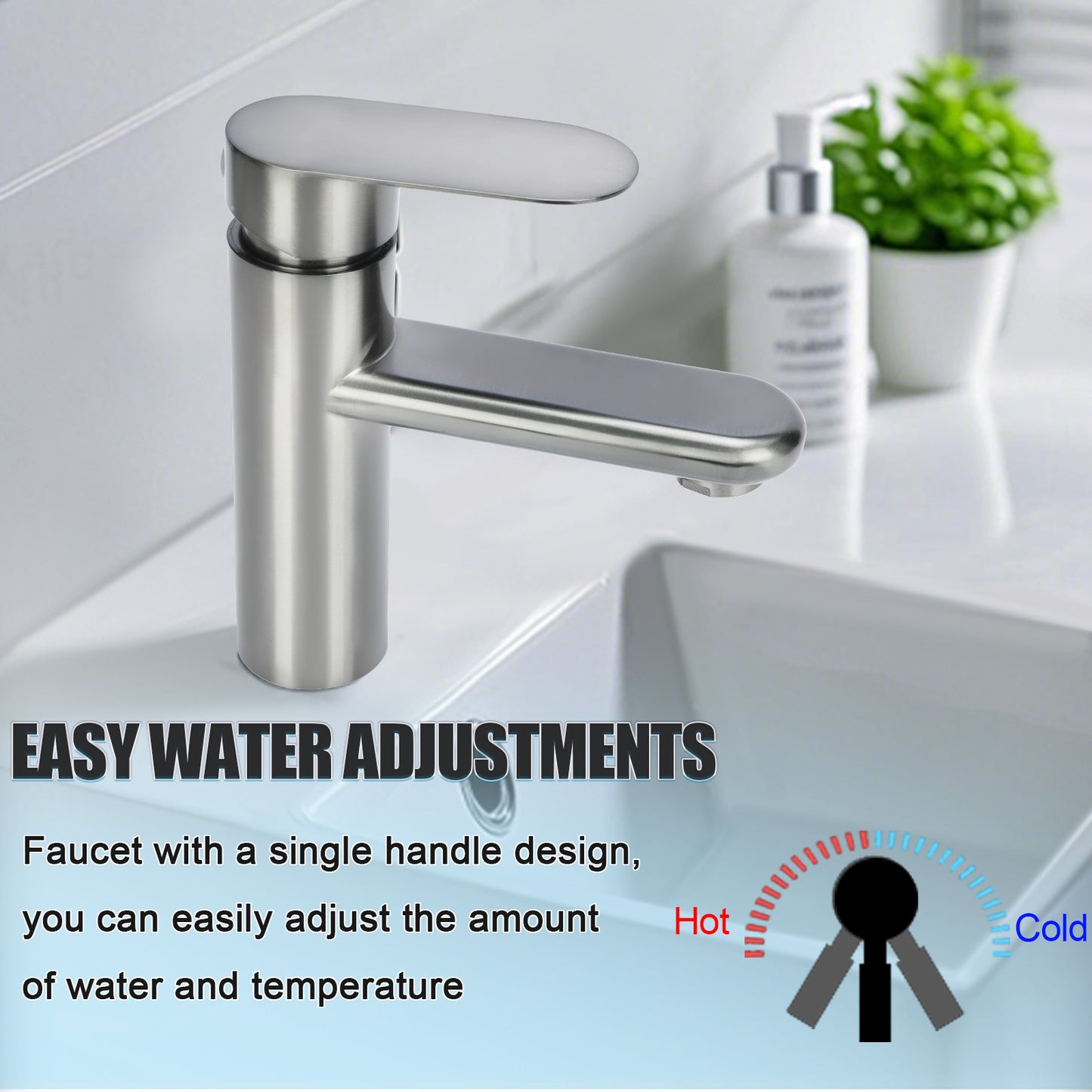 Stainless steel faucet with single handle design on a bathroom sink.