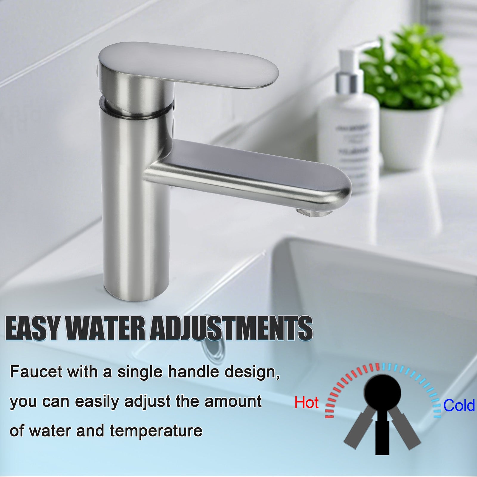 Stainless steel faucet with single handle design on a bathroom sink.