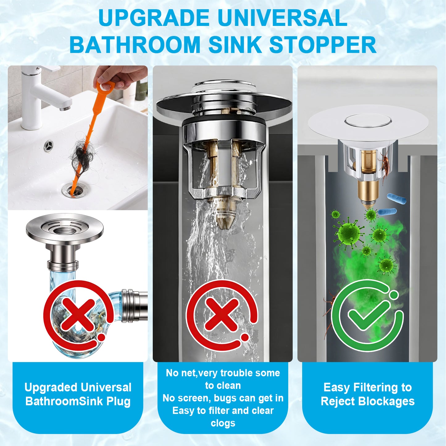 Promotional infographic for a universal bathroom sink stopper, showing three panels: a hand cleaning a drain with an orange tool, a traditional open drain with a clog and red X icon, and a clear upgraded stopper with green virus icons being filtered out. Text at the top reads 'UPGRADE UNIVERSAL BATHROOM SINK STOPPER' and blue labels at the bottom describe benefits.