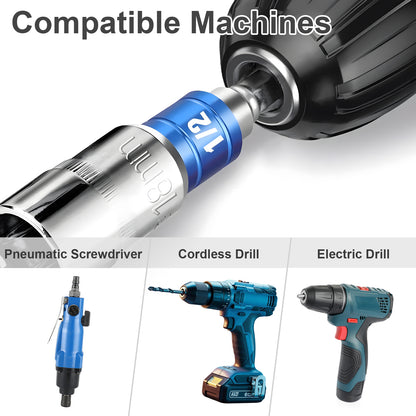 Tool bit compatible with various machines including a pneumatic screwdriver, cordless drill, and electric drill.