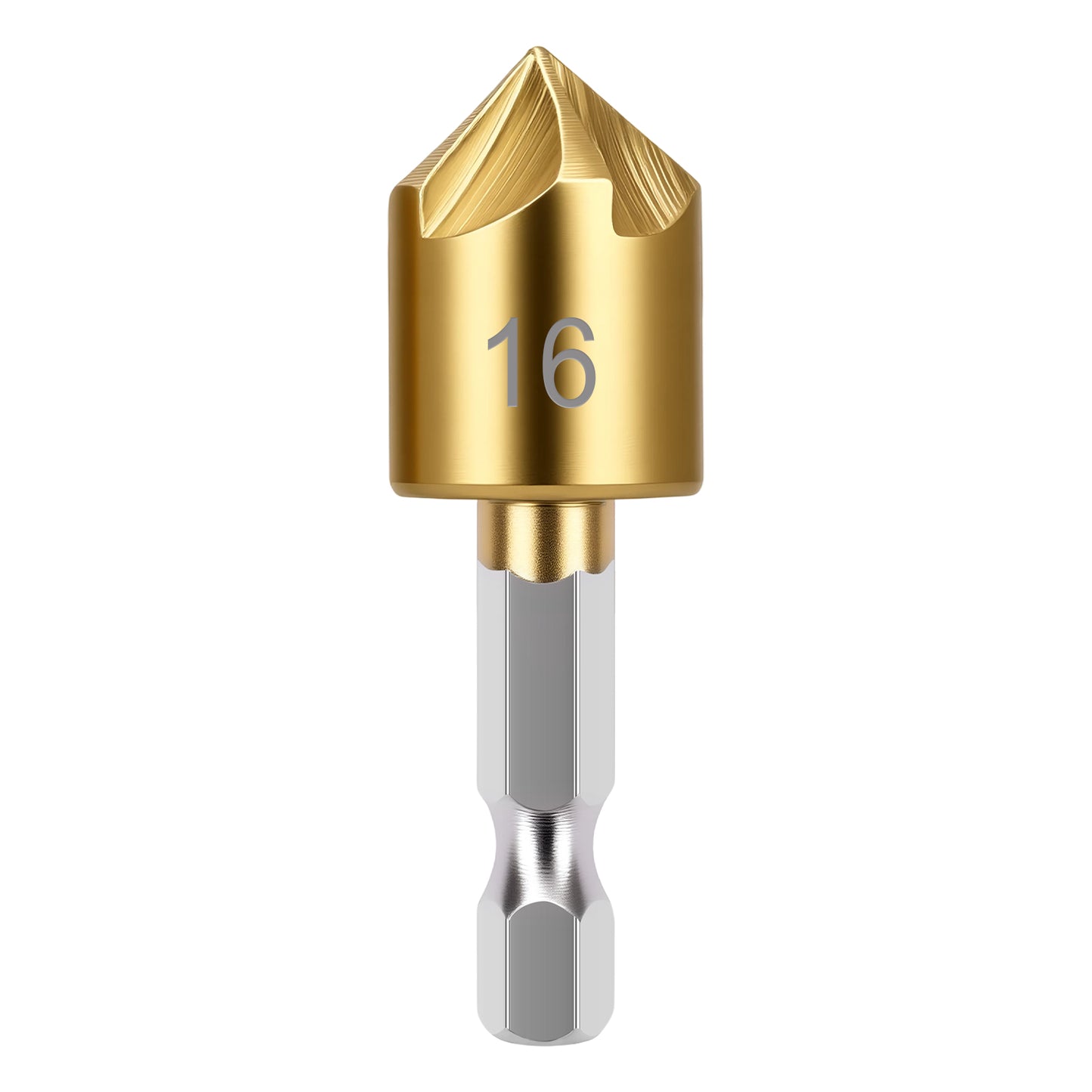 Gold drill bit with number 16 on a white background