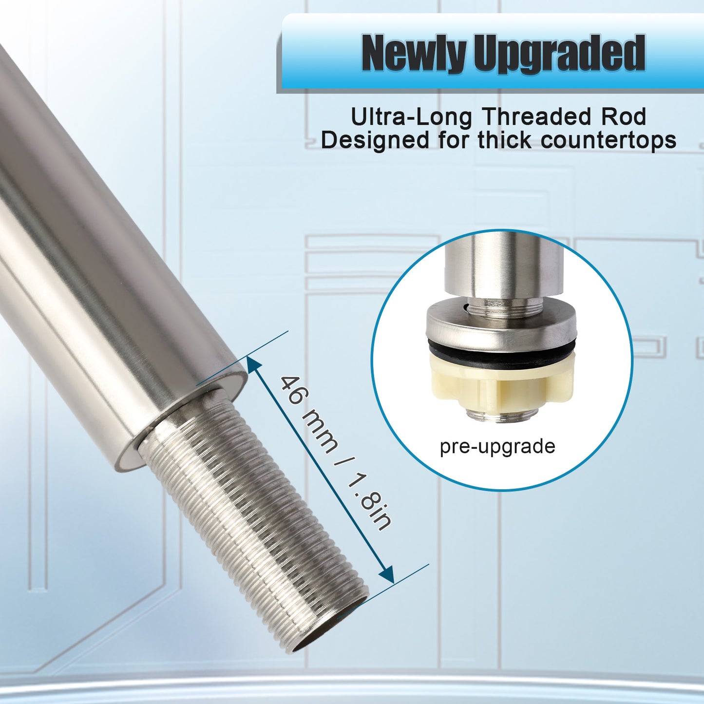 Metal threaded rod with upgrade feature text on a light blue background
