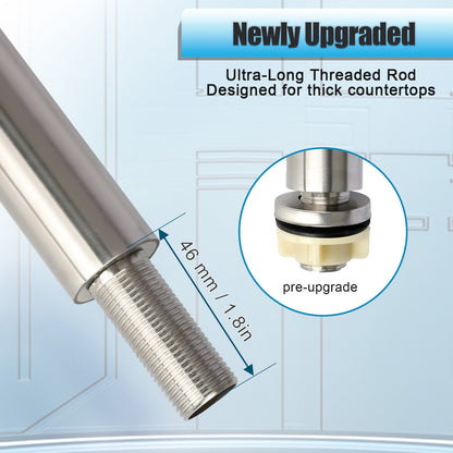 Metal threaded rod with upgrade feature text on a light blue background