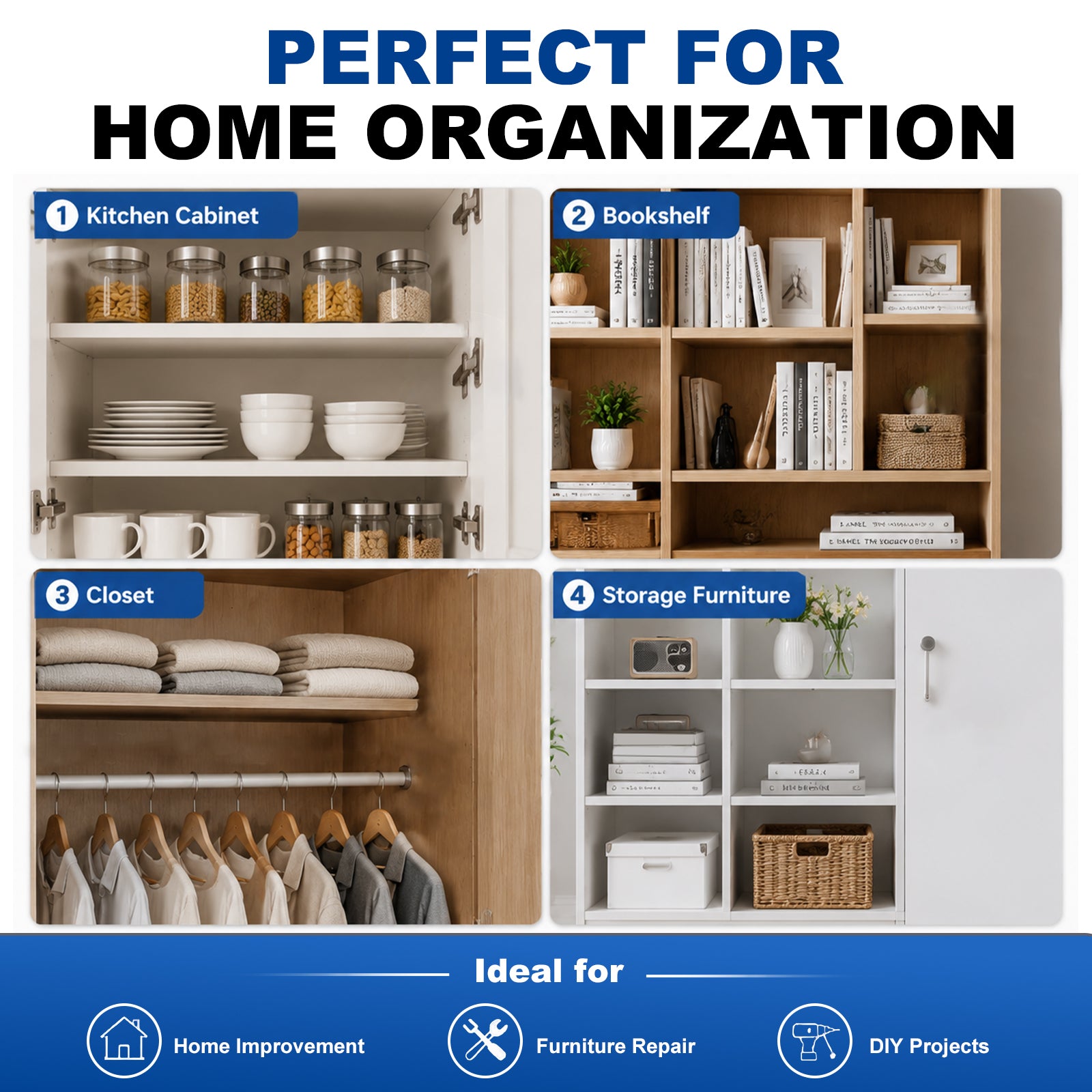 Promotional graphic for a home organization storage cabinet, showing four labeled usage scenarios: kitchen cabinet, bookshelf, closet, and storage furniture. The image includes large text reading 'PERFECT FOR HOME ORGANIZATION' and 'Ideal for Home Improvement, Furniture Repair, DIY Projects' on a blue footer.