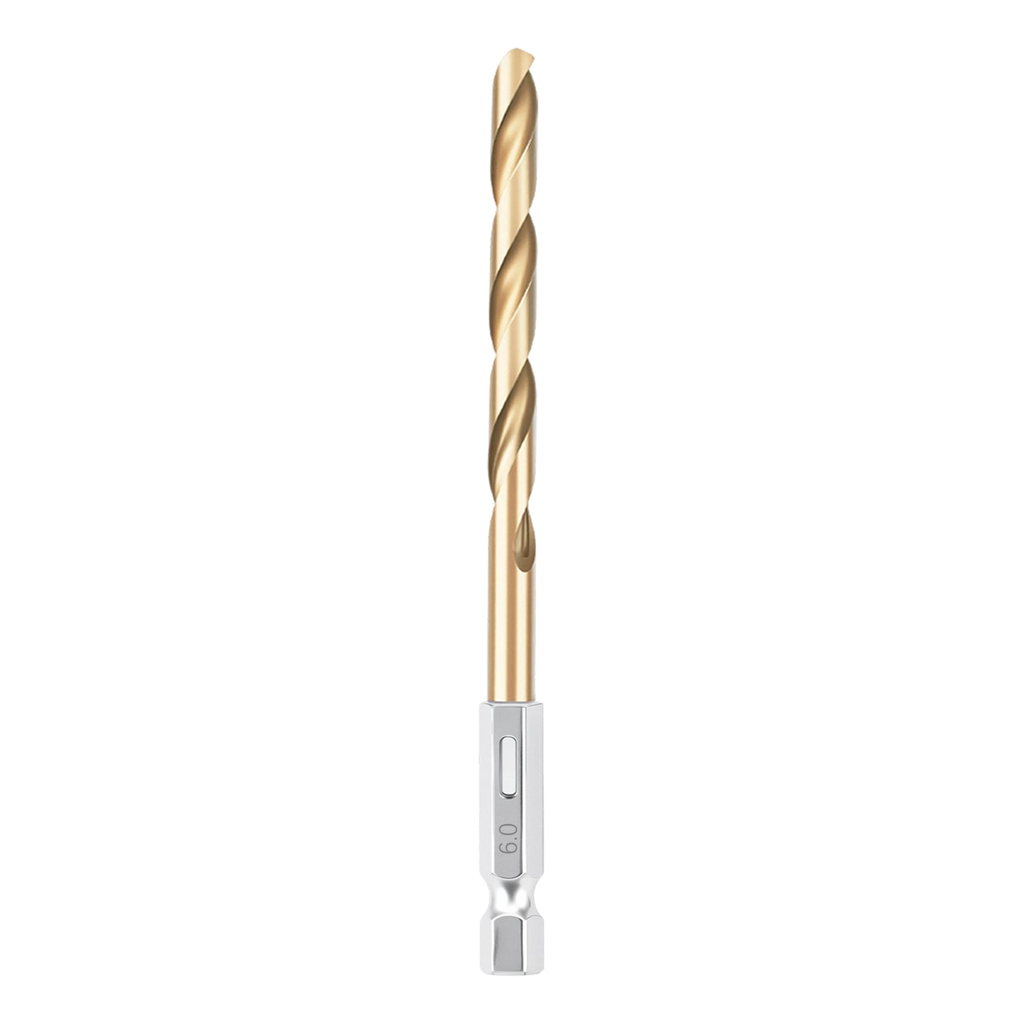 Drill bit with gold shank and silver head on a white background
