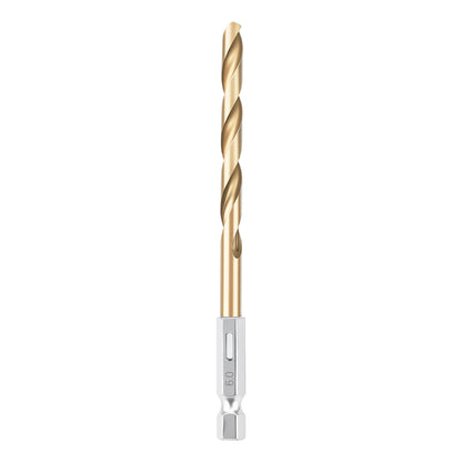 Drill bit with gold shank and silver head on a white background
