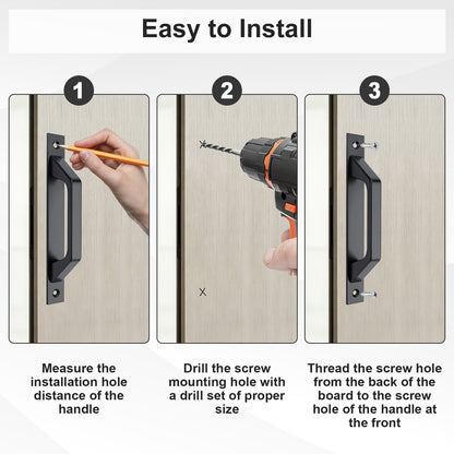 Three-panel installation guide showing how to install a black door handle on a light wood door. Step 1 shows measuring the handle position with a pencil, Step 2 shows drilling the mounting hole with a drill, and Step 3 shows threading the screw hole from the back of the door to the front of the handle.