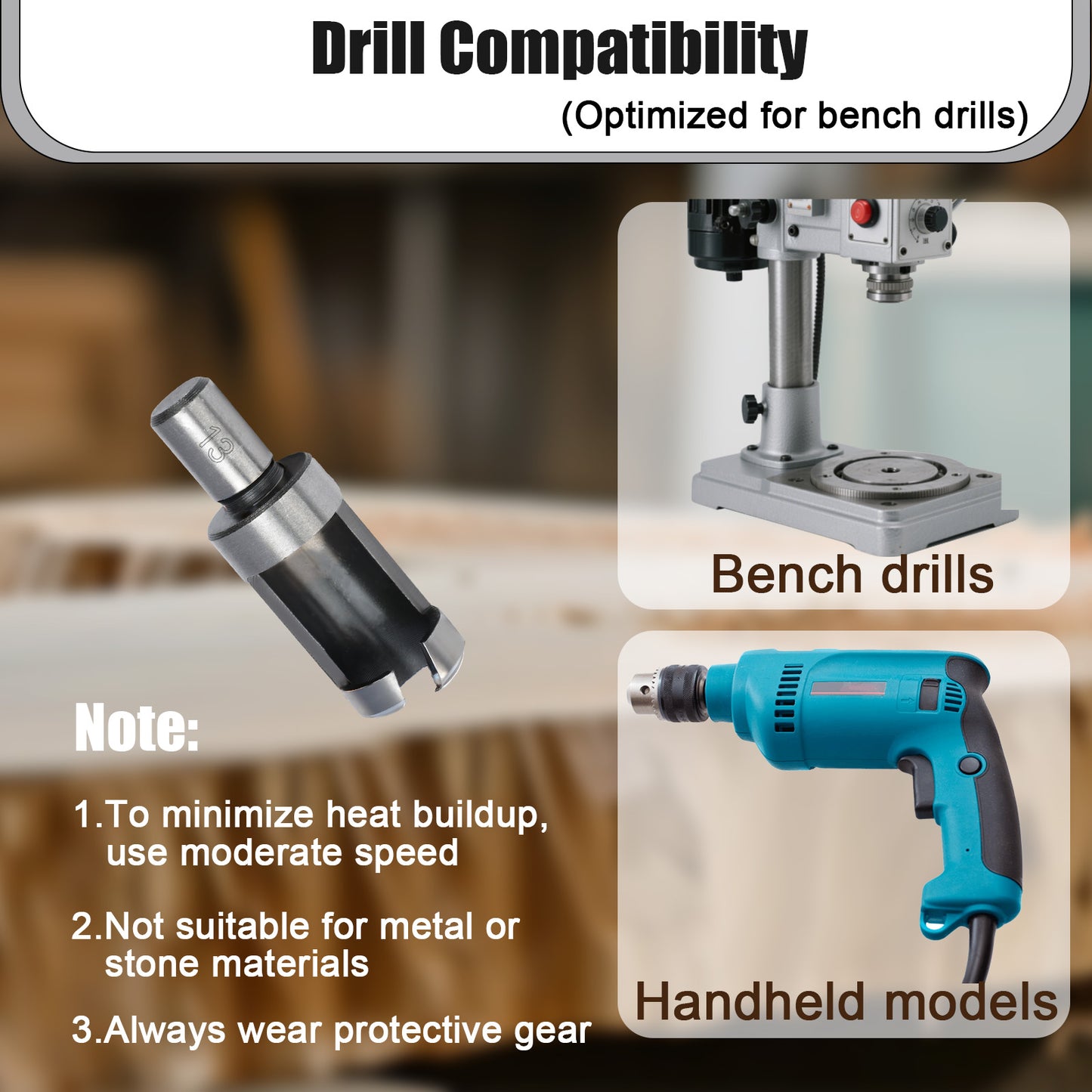 Drill compatibility chart for bench drills and handheld models with text on drill usage.