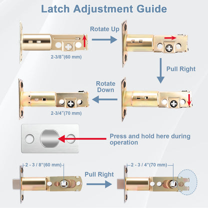 Latch adjustment guide with labeled steps and measurements on a white background