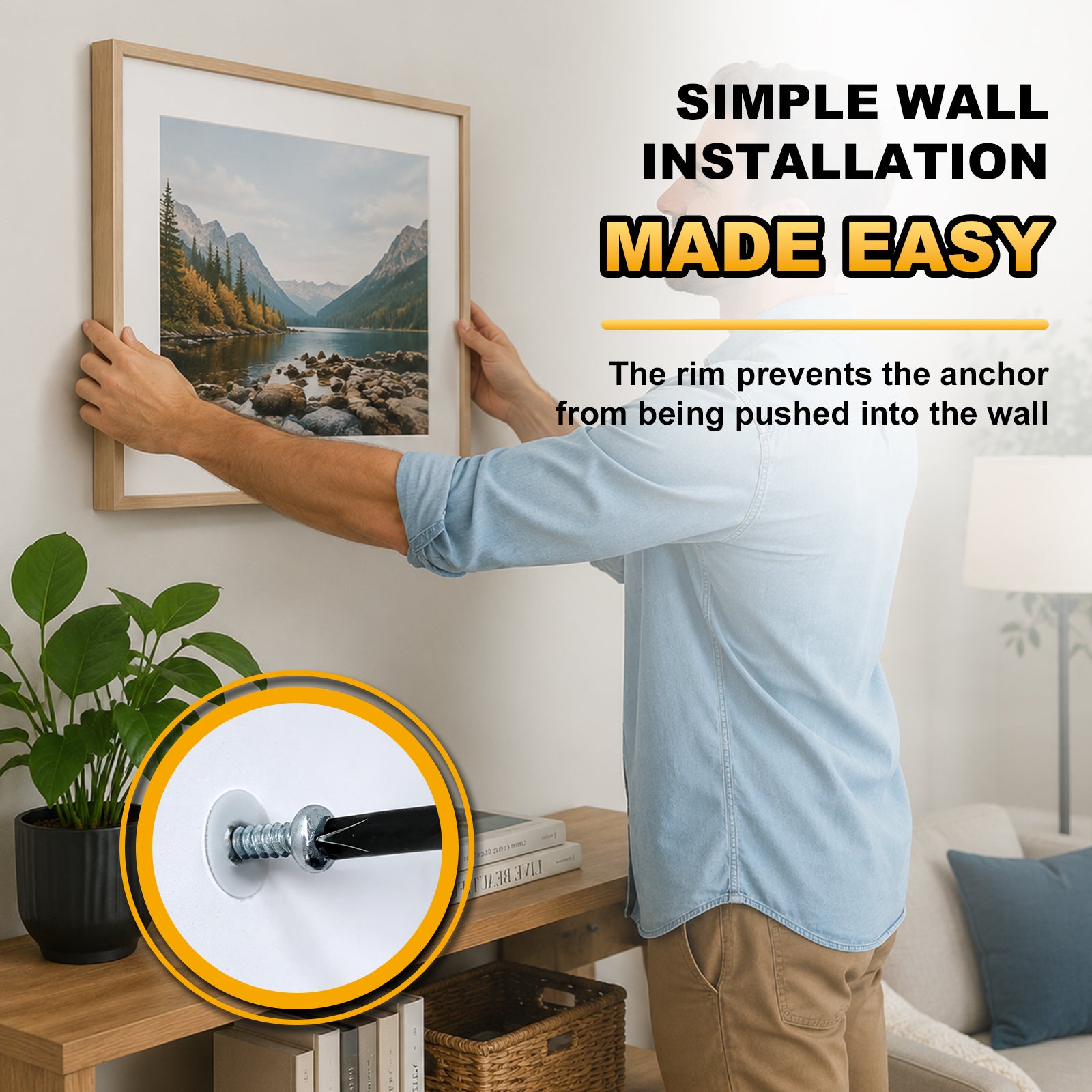 A man in a light blue shirt is shown hanging a framed landscape photo print on a wall in a living room setting. The image includes promotional text reading 'SIMPLE WALL INSTALLATION MADE EASY' and a circular inset showing a close-up of the mounting hardware.