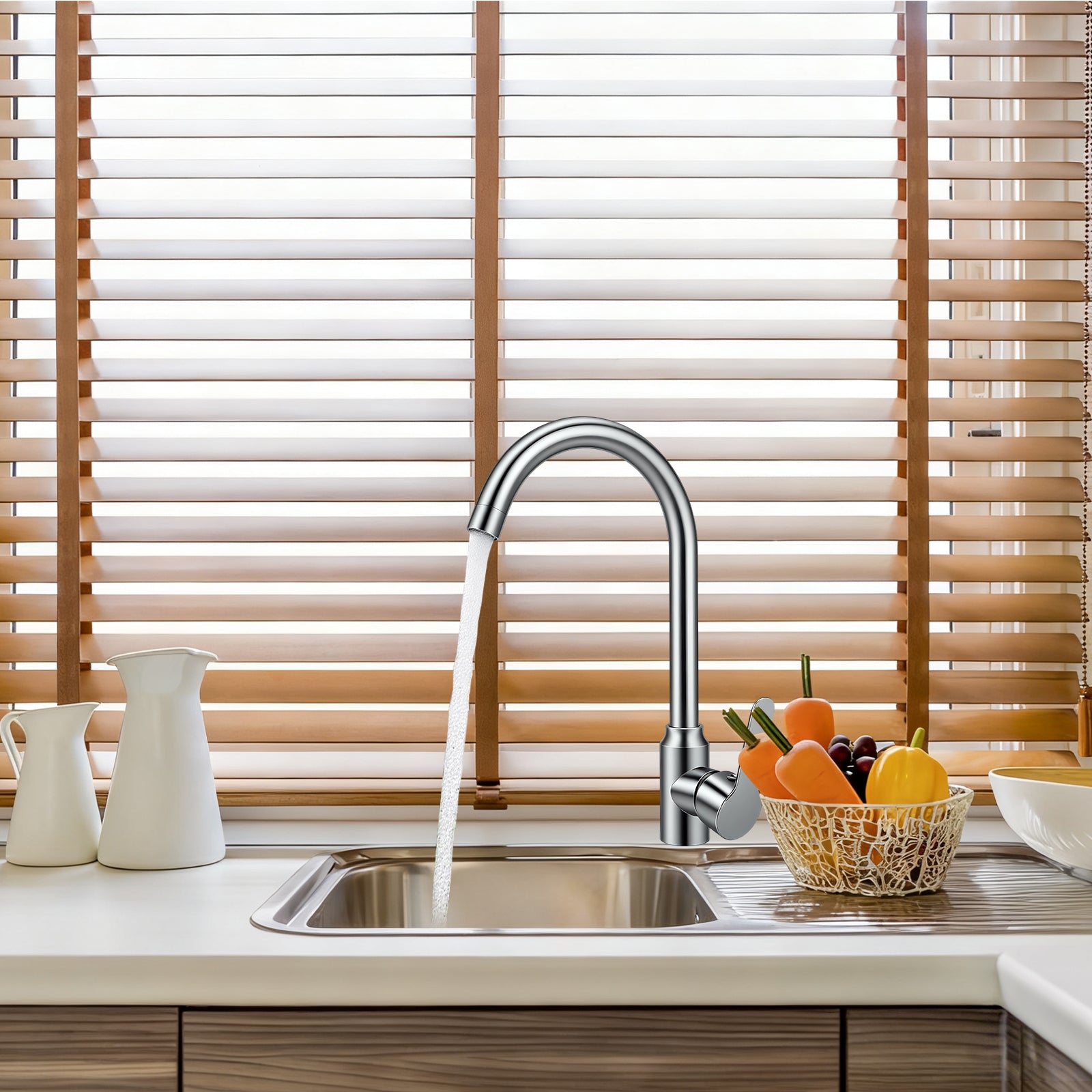 Kitchen sink with running water, fruit basket, and kitchen utensils under wooden blinds.