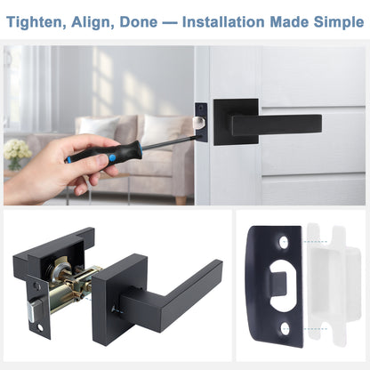 Door handle installation process with text 'Tighten, Align, Done' on a white background.