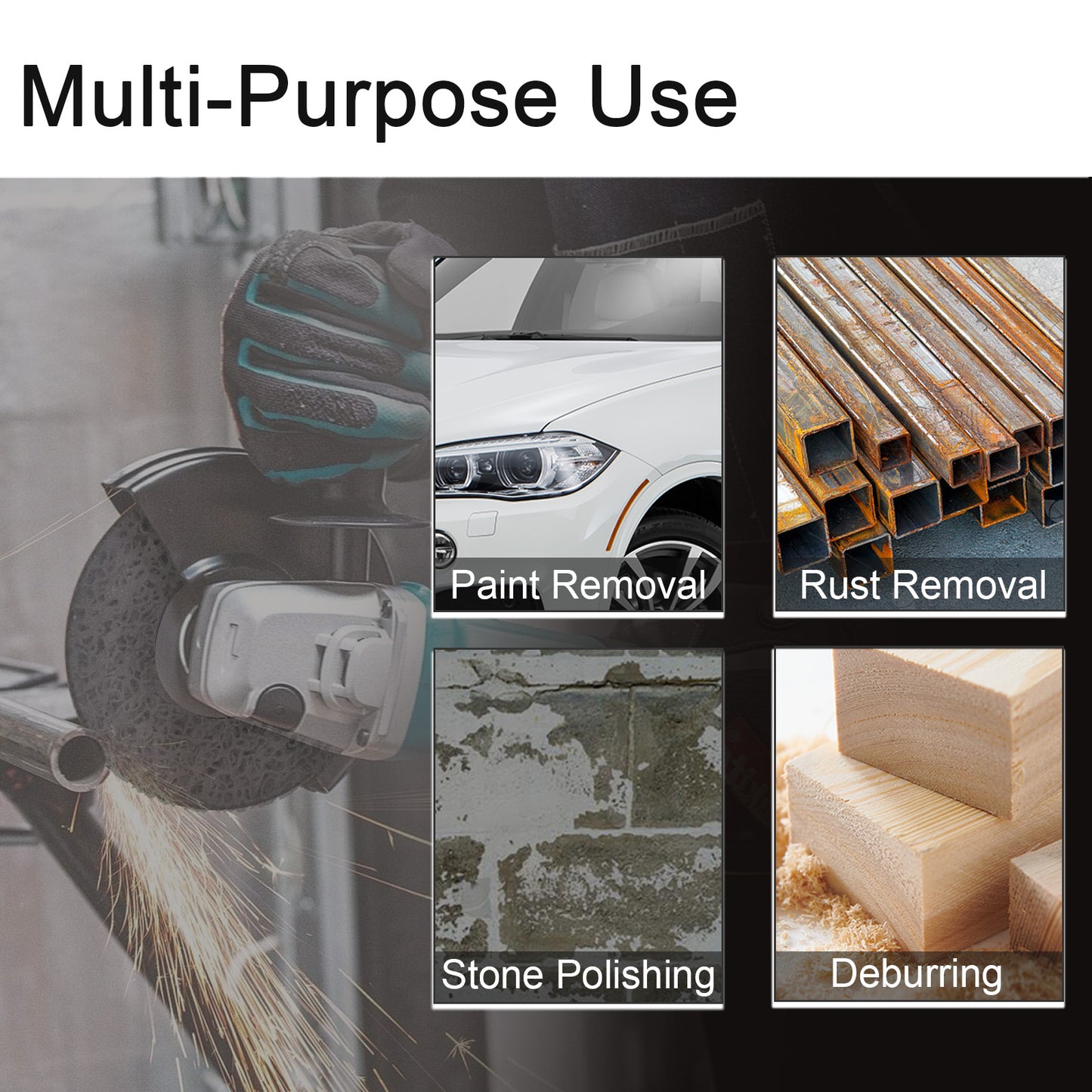 Gritstone tool with applications for paint removal, rust removal, stone polishing, and deburring.