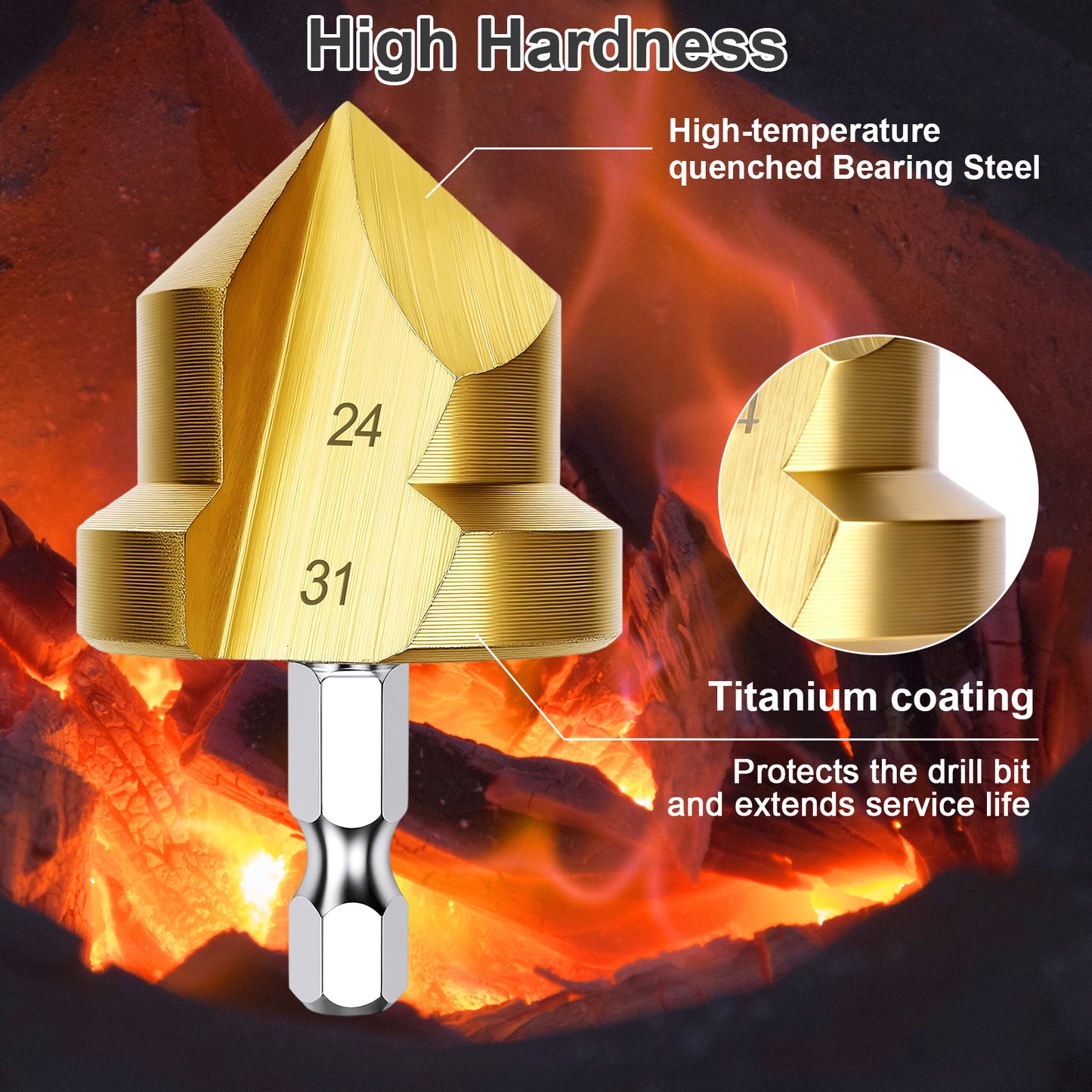 Gold drill bit with text highlighting high hardness, high-temperature quenched bearing steel, and titanium coating against a fiery background.