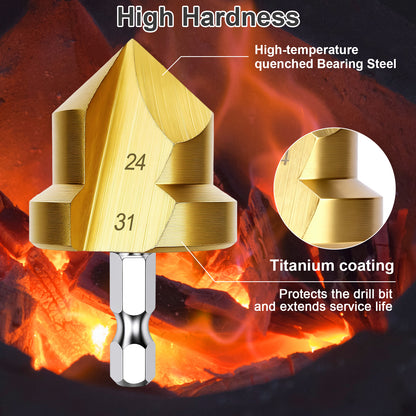 Gold drill bit with text highlighting high hardness, high-temperature quenched bearing steel, and titanium coating against a fiery background.