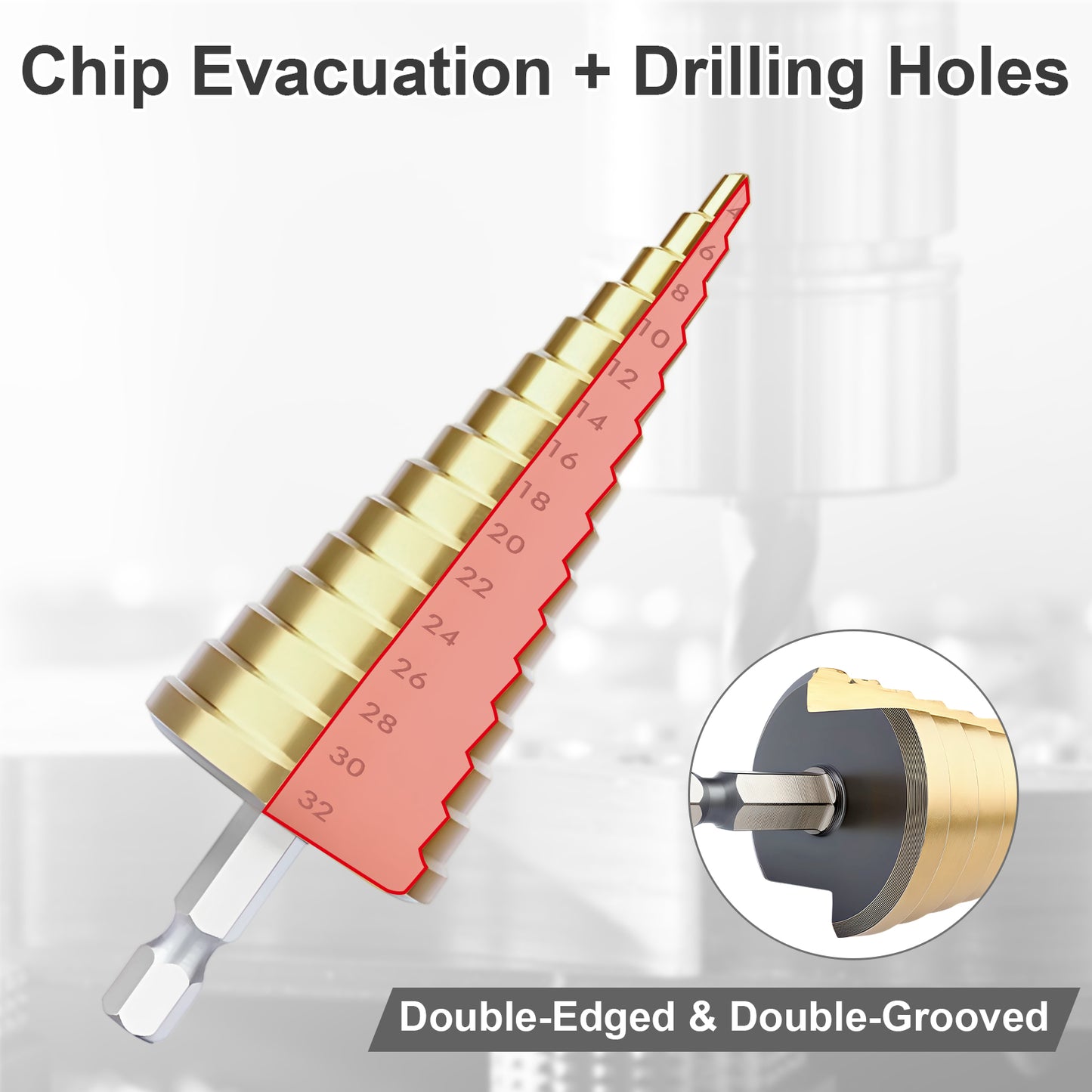 Step drill bit with measurements on a white background