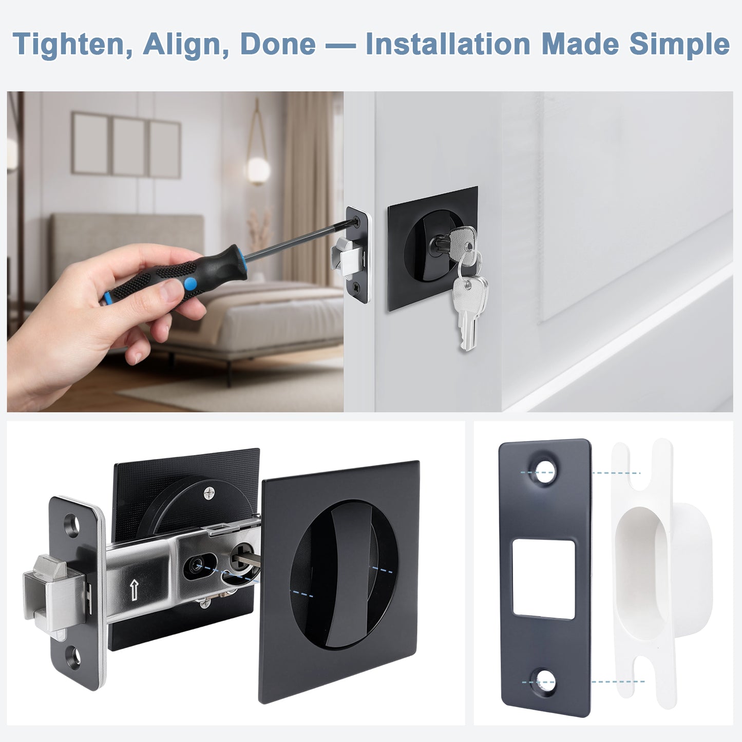Door lock installation process with a screwdriver, lock mechanism, and key.