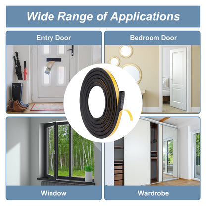 Roll of weather stripping with applications on entry door, bedroom door, window, and wardrobe.