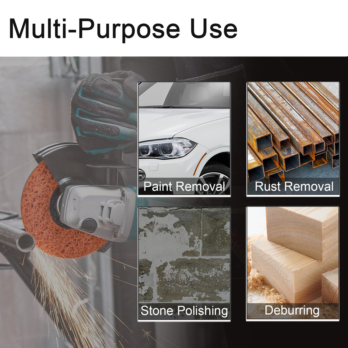 Multifunctional tool with applications for paint removal, rust removal, stone polishing, and deburring.