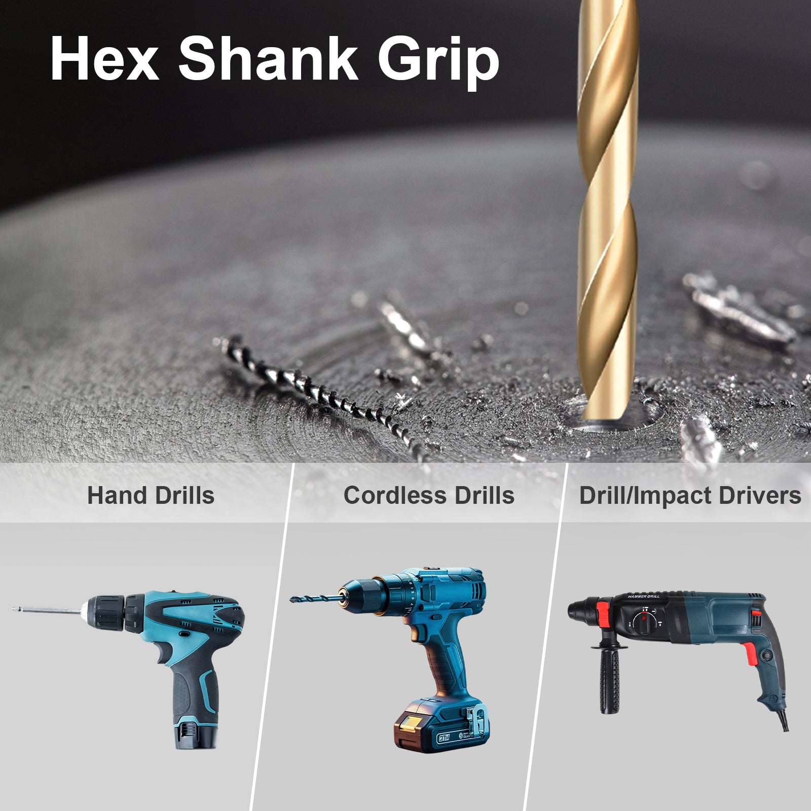 Hex Shank Grip with drill bits and different types of drills on a gray background