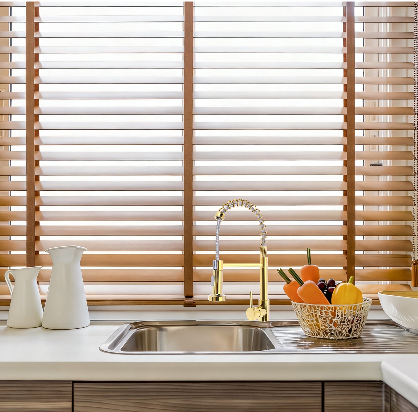 Modern kitchen with wooden blinds, sink, and fruit on the counter.