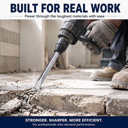 A close-up action shot of a worker using a heavy-duty hammer drill with a chisel bit to break concrete pavement. The image features promotional text banners at the top and bottom reading 'BUILT FOR REAL WORK' and 'STRONGER.