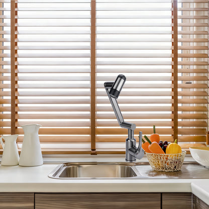Kitchen sink with faucet and wooden blinds in the background