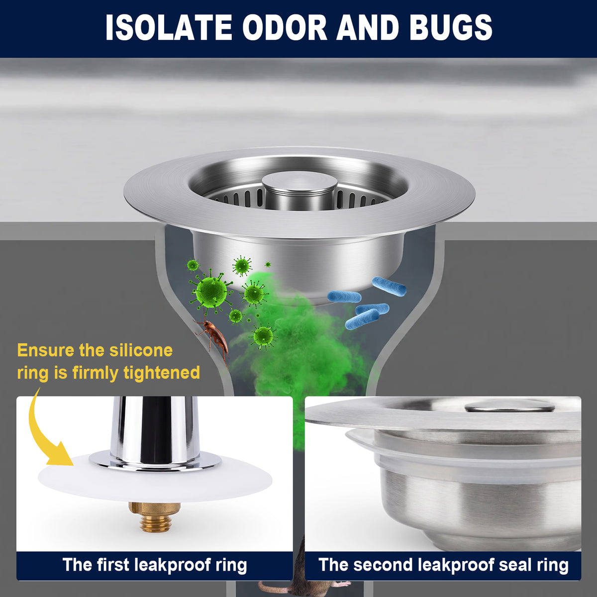 Stainless steel sink drain with a white silicone seal ring, shown in a cutaway diagram with text explaining odor and bug isolation. Two inset panels at the bottom show the first and second leakproof seal rings.
