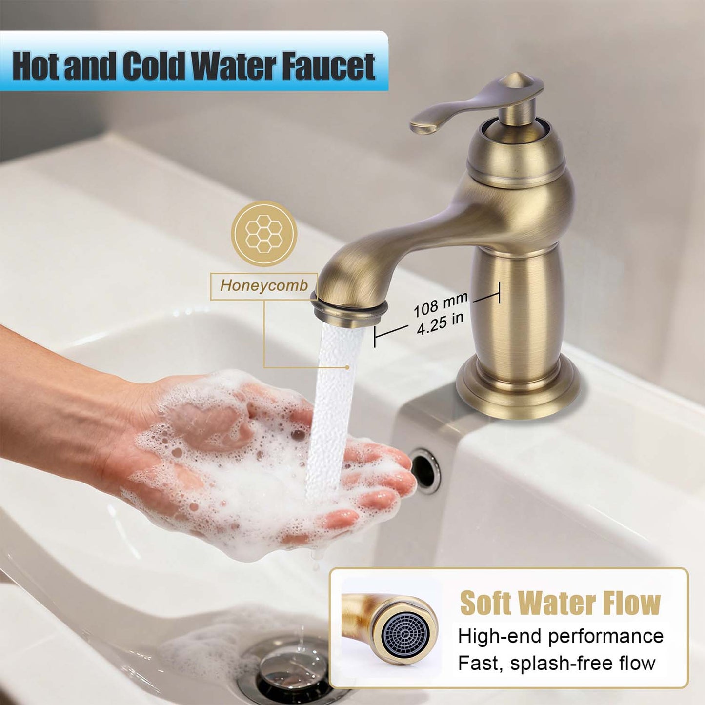 Gold faucet with water flowing into a sink, showing hand washing with soap.
