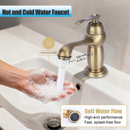 Gold faucet with water flowing into a sink, showing hand washing with soap.