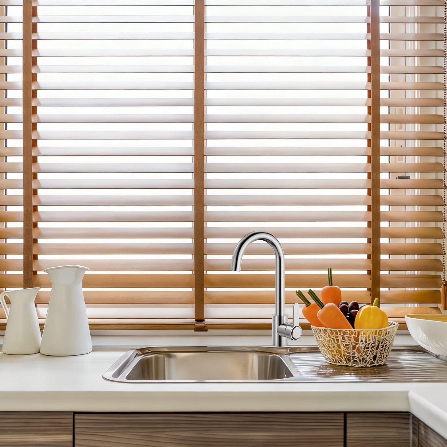 Kitchen sink with wooden blinds in the background