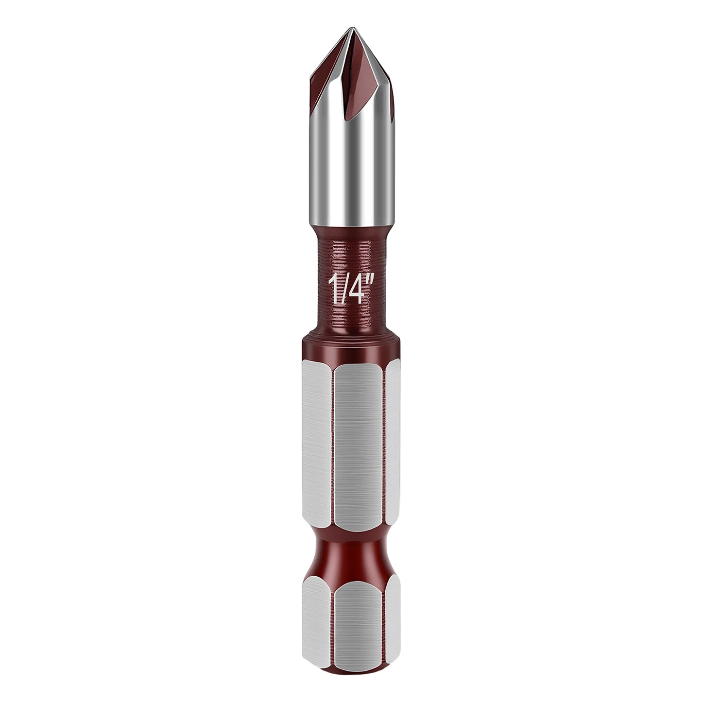 Metal tool bit with a red and silver design on a white background