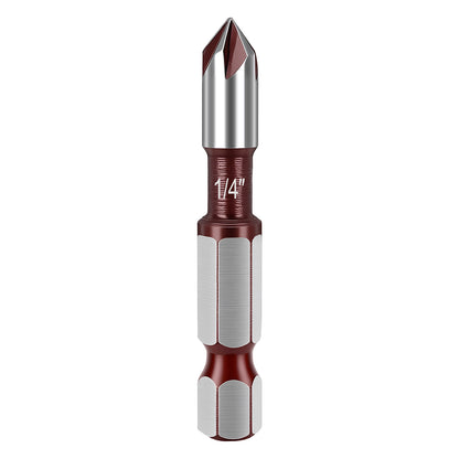 Metal tool bit with a red and silver design on a white background