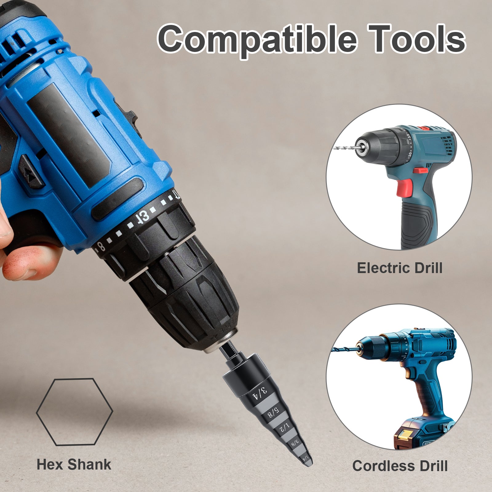 Blue electric drill with hex shank attachment and compatibility with electric and cordless drills.