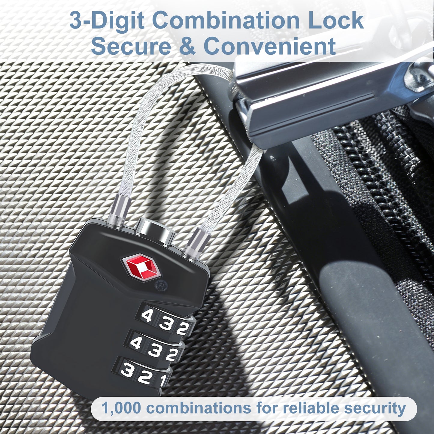 Black three-digit combination lock on a textured surface with text indicating security and convenience.