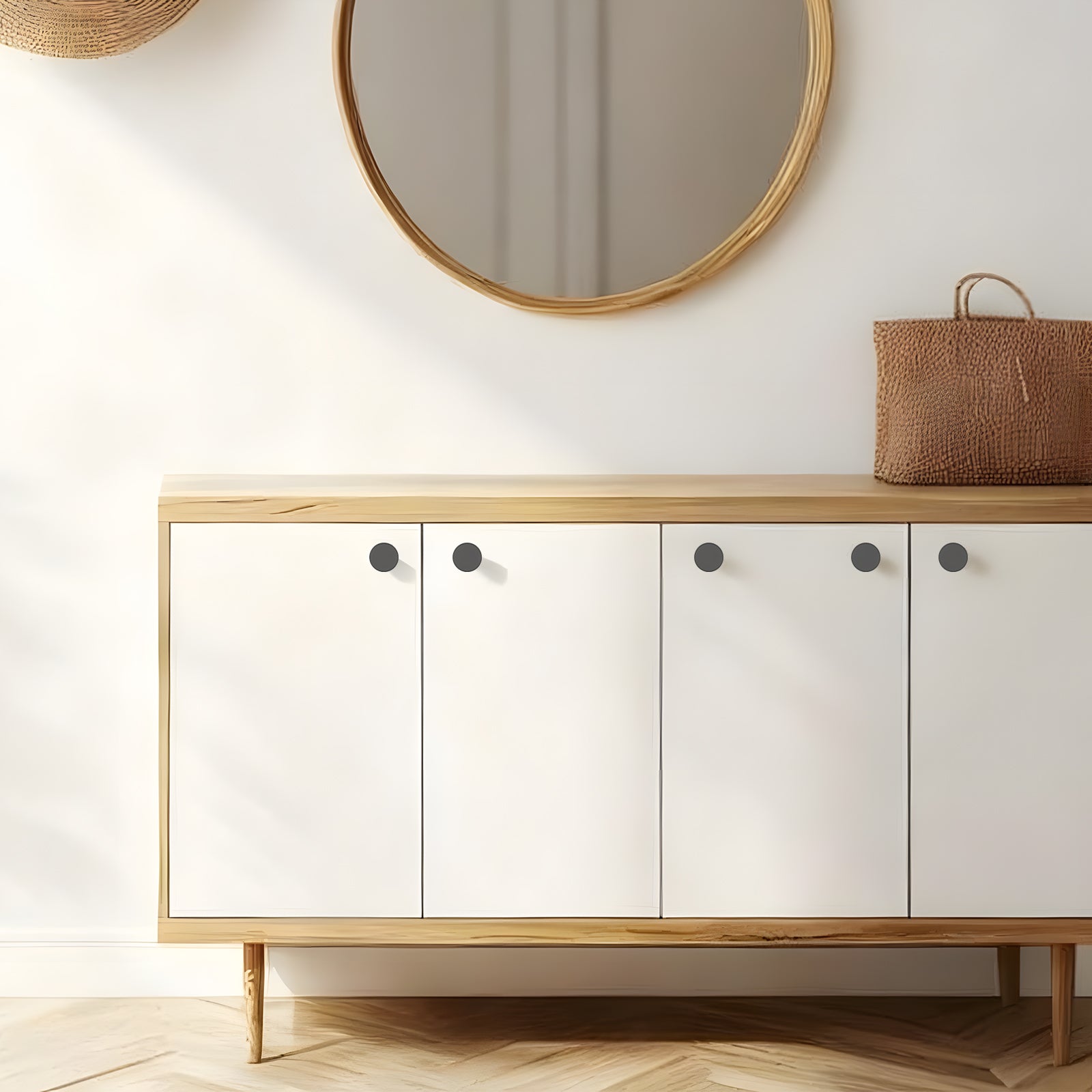 White cabinet with wooden frame and round mirror above it on a white wall.