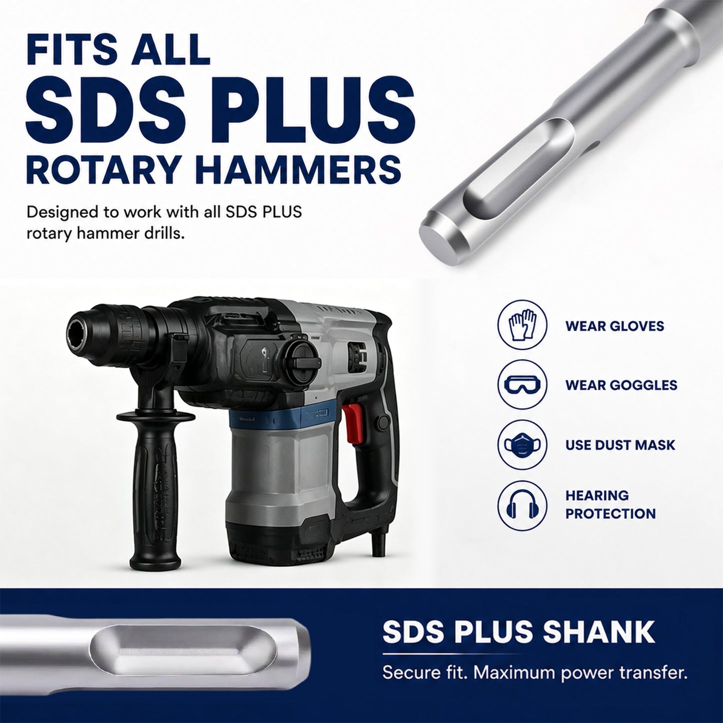 An SDS Plus shank accessory for rotary hammers, shown alongside a hammer drill and text highlighting compatibility with all SDS Plus rotary hammers and safety usage tips.