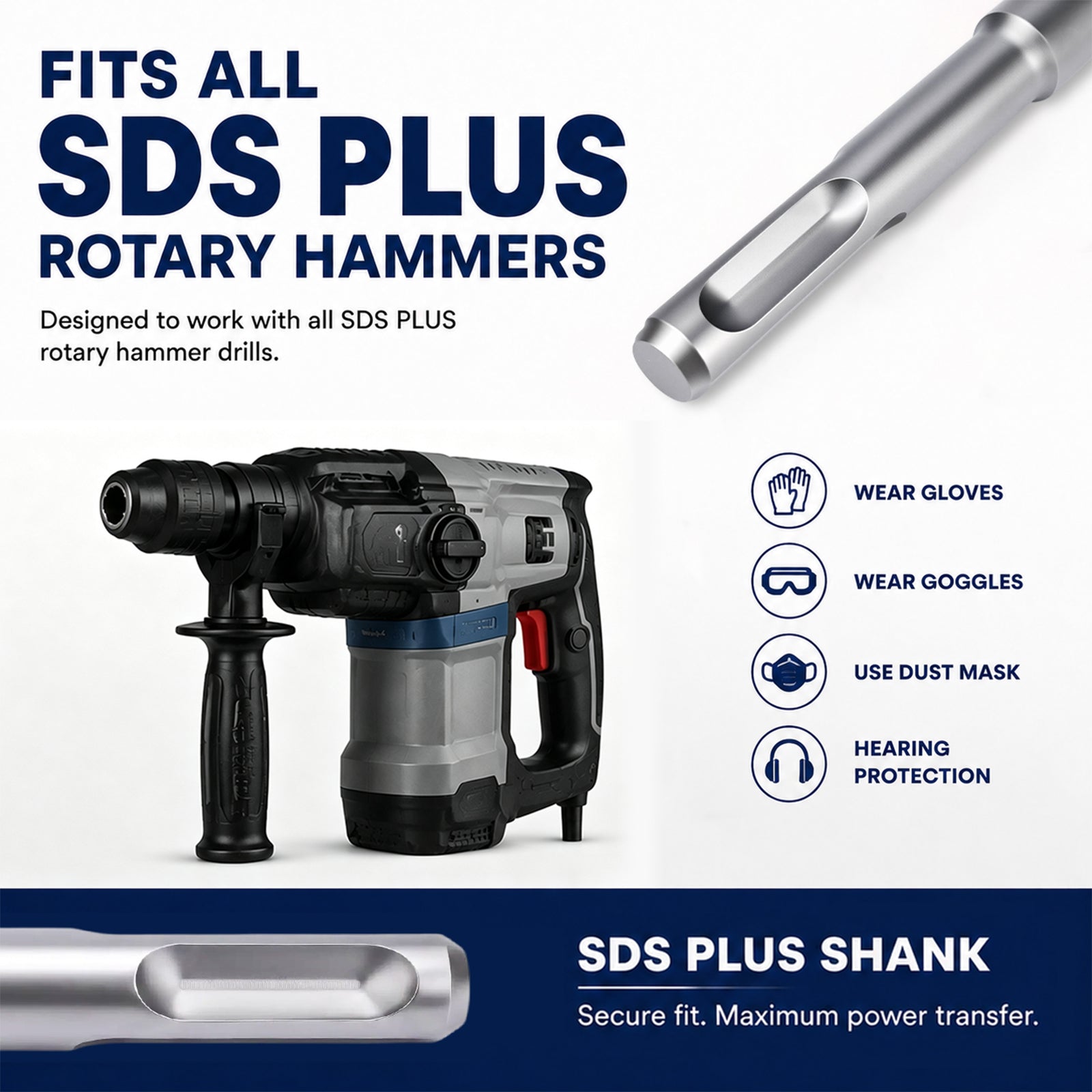 An SDS Plus shank accessory for rotary hammers, shown alongside a hammer drill and text highlighting compatibility with all SDS Plus rotary hammers and safety usage tips.